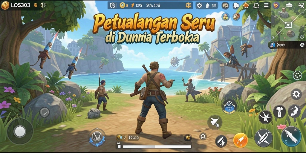 Screenshot menunjukkan pemain menjelajahi dunia terbuka yang menakjubkan.