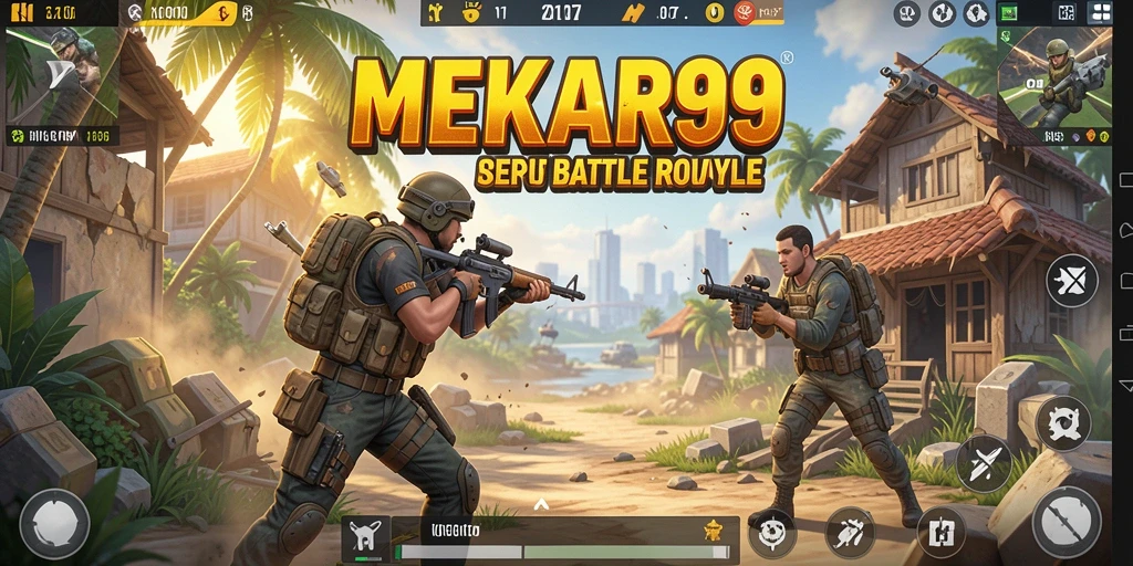Tangkapan layar gameplay MEKAR99 menampilkan aksi seru dalam pertempuran Battle Royale.