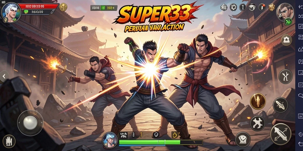 Screenshot gameplay SUPER33 menampilkan pertarungan seru antar karakter yang menegangkan.